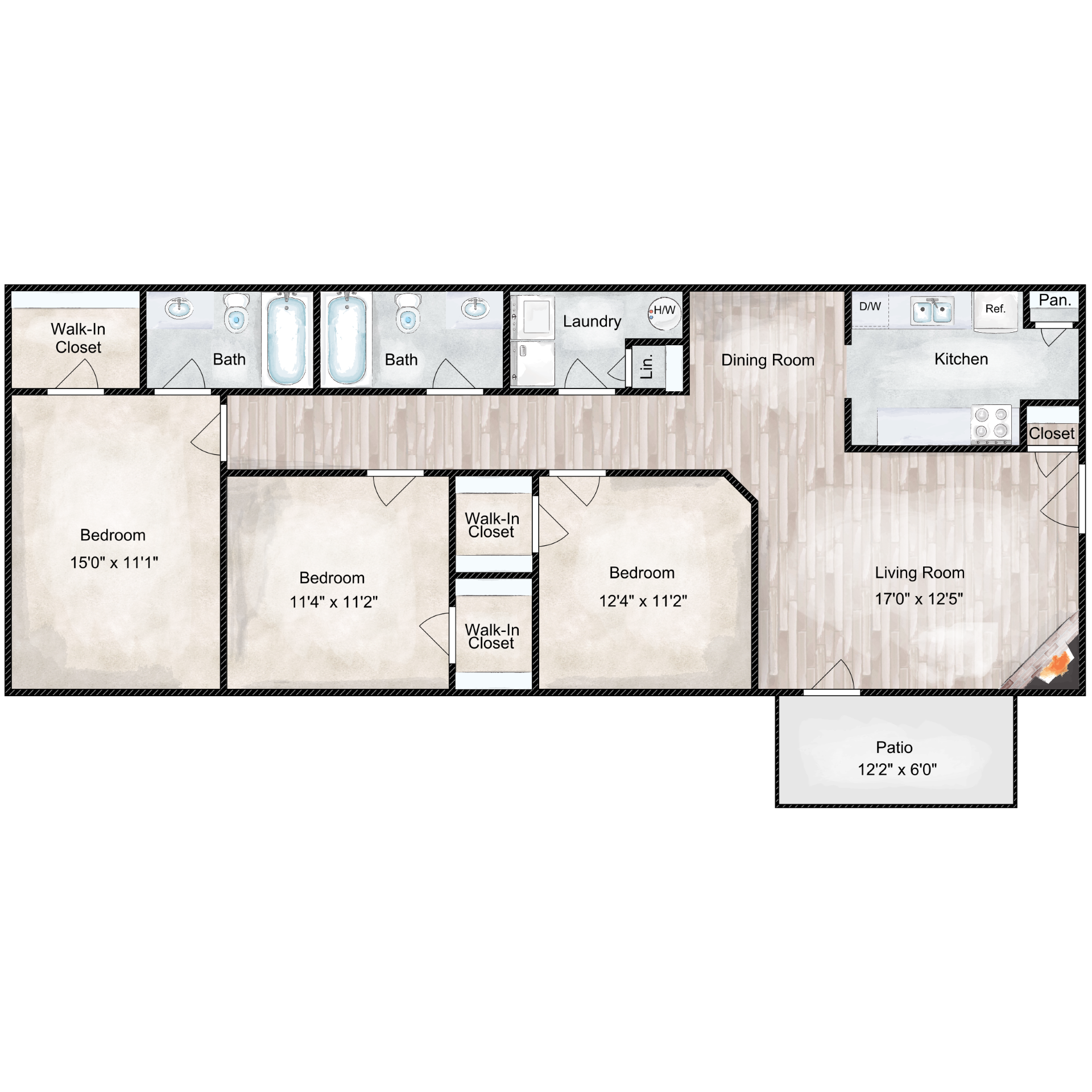 Floor plan for 3 beds, 2 baths, 1200 sqft